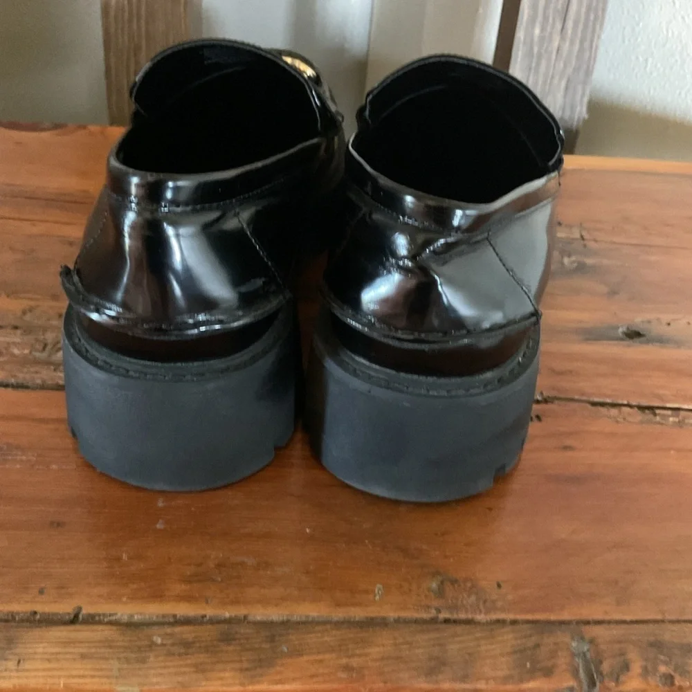 Open Edit Black Patent Leather chunky Loafers with Gold Buckle size 9.5